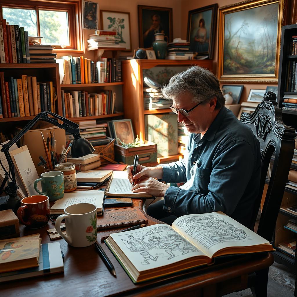 An artist in a cozy, well-lit workspace, deeply immersed in writing a book