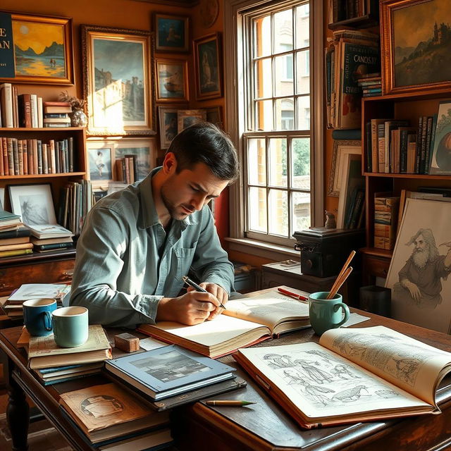 An artist in a cozy, well-lit workspace, deeply immersed in writing a book