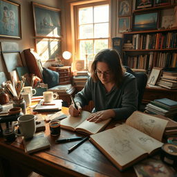An artist in a cozy, well-lit workspace, deeply immersed in writing a book