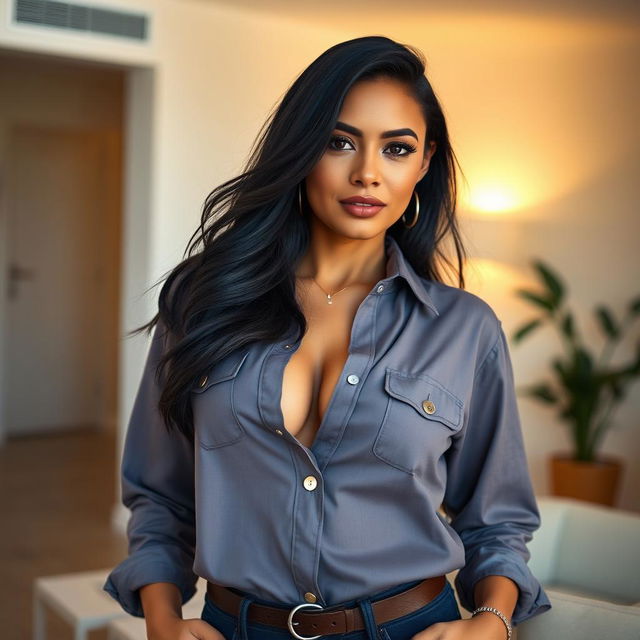 An attractive Latina woman wearing a stylish button-up shirt, accentuating her large breasts and showcasing a prominent cleavage