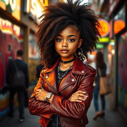 A stunning woman with voluminous hair wearing a stylish outfit, exuding confidence