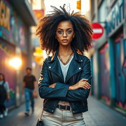 A stunning woman with voluminous hair wearing a stylish outfit, exuding confidence