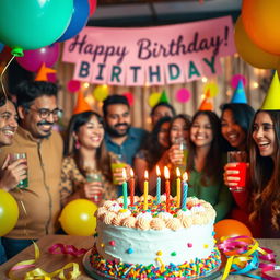 A vibrant and festive birthday celebration scene, featuring a beautifully decorated cake with colorful icing and candles, surrounded by cheerful balloons and streamers in bright colors