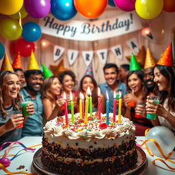 A vibrant and festive birthday celebration scene, featuring a beautifully decorated cake with colorful icing and candles, surrounded by cheerful balloons and streamers in bright colors