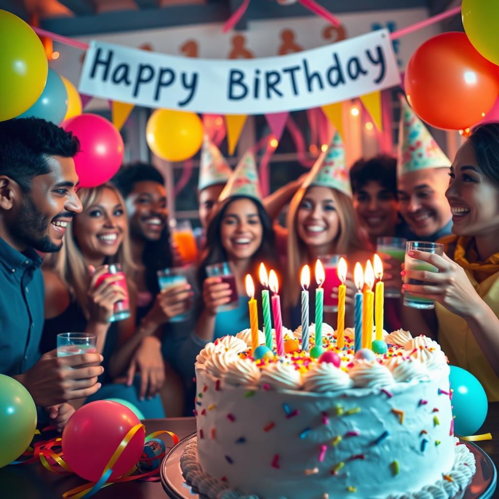 A vibrant and festive birthday celebration scene, featuring a beautifully decorated cake with colorful icing and candles, surrounded by cheerful balloons and streamers in bright colors