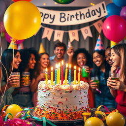 A vibrant and festive birthday celebration scene, featuring a beautifully decorated cake with colorful icing and candles, surrounded by cheerful balloons and streamers in bright colors