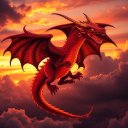 A magnificent fire dragon with vibrant red and deep black scales, depicted soaring majestically through a fiery sky