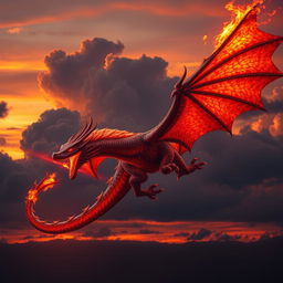 A magnificent fire dragon with vibrant red and deep black scales, depicted soaring majestically through a fiery sky