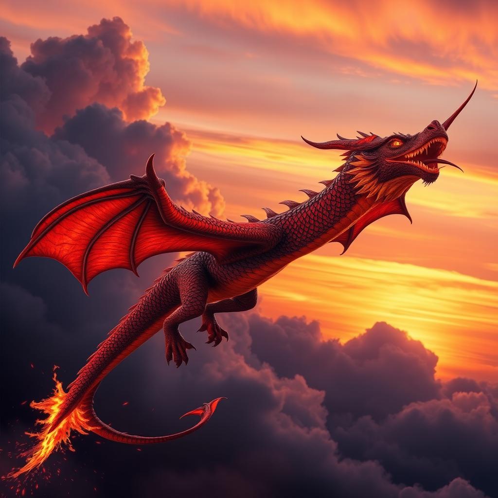 A magnificent fire dragon with vibrant red and deep black scales, depicted soaring majestically through a fiery sky