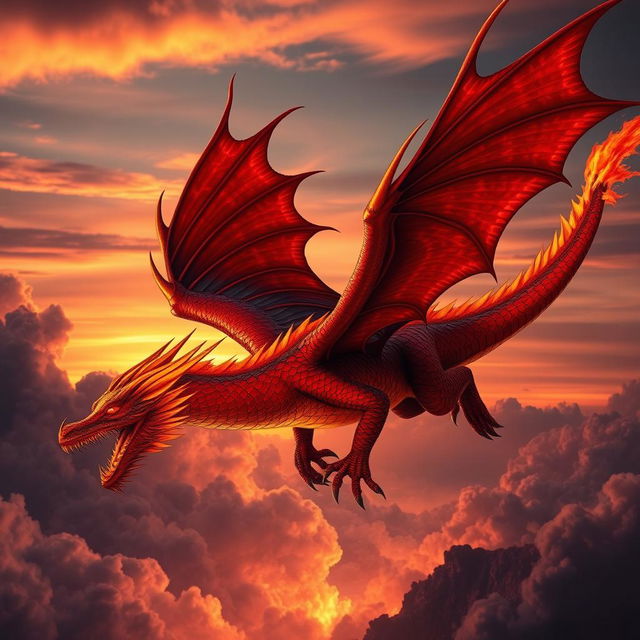 A magnificent fire dragon with vibrant red and deep black scales, depicted soaring majestically through a fiery sky