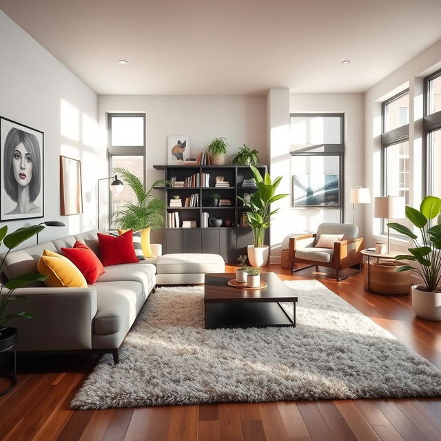 A spacious and stylish living room featuring a comfortable sofa with colorful throw pillows, a sleek coffee table in the center, and a plush area rug on a hardwood floor