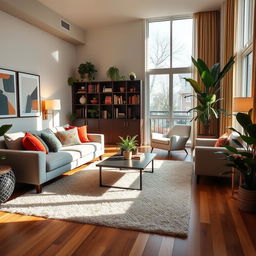 A spacious and stylish living room featuring a comfortable sofa with colorful throw pillows, a sleek coffee table in the center, and a plush area rug on a hardwood floor