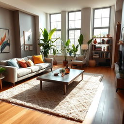 A spacious and stylish living room featuring a comfortable sofa with colorful throw pillows, a sleek coffee table in the center, and a plush area rug on a hardwood floor