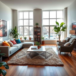 A spacious and stylish living room featuring a comfortable sofa with colorful throw pillows, a sleek coffee table in the center, and a plush area rug on a hardwood floor