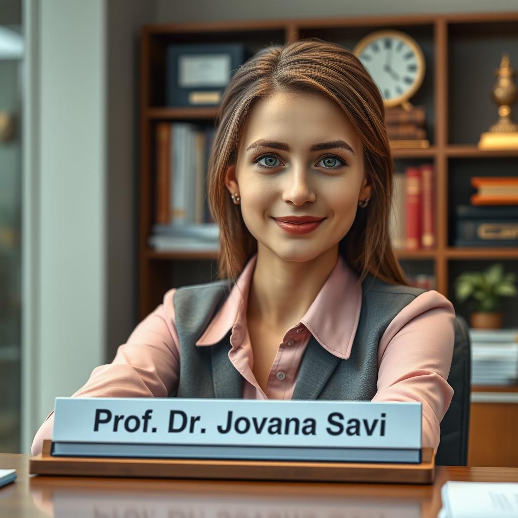 A realistic, high-definition image of a young woman sitting at a desk in an office environment