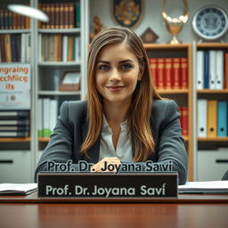 A realistic, high-definition image of a young woman sitting at a desk in an office environment