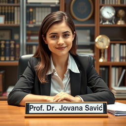 A realistic, high-definition image of a young woman sitting at a desk in an office environment