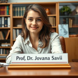 A realistic, high-definition image of a young woman sitting at a desk in an office environment