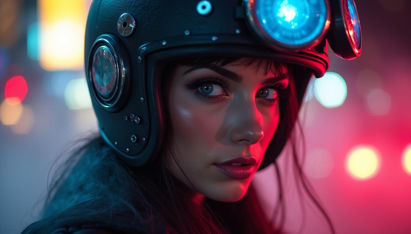 A captivating woman, 25 years old, with a striking figure and wearing a steampunk-inspired outfit that highlights her aesthetic