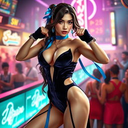 A glamorous and dynamic reinterpretation of Chun-Li from Street Fighter, dressed in stylish, provocative stripper clothing