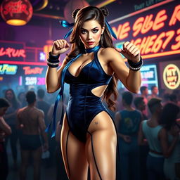 A glamorous and dynamic reinterpretation of Chun-Li from Street Fighter, dressed in stylish, provocative stripper clothing