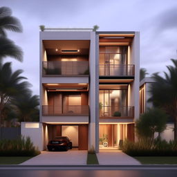 Construct a three-story building on a 30ft x 30ft plot with a garage on the right side. The building should exhibit a modern architectural style.