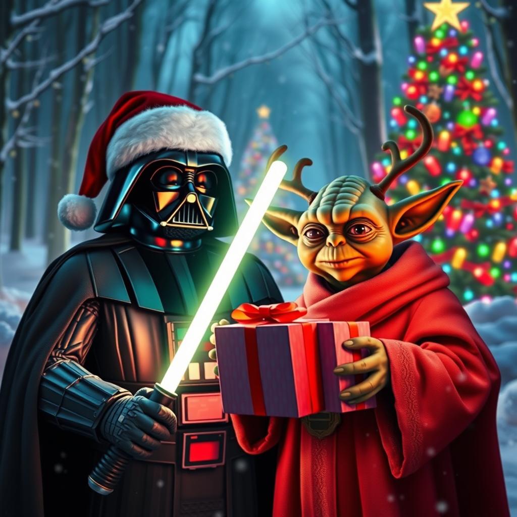 A Christmas scene featuring Darth Vader and Yoda in a festive setting