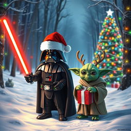 A Christmas scene featuring Darth Vader and Yoda in a festive setting