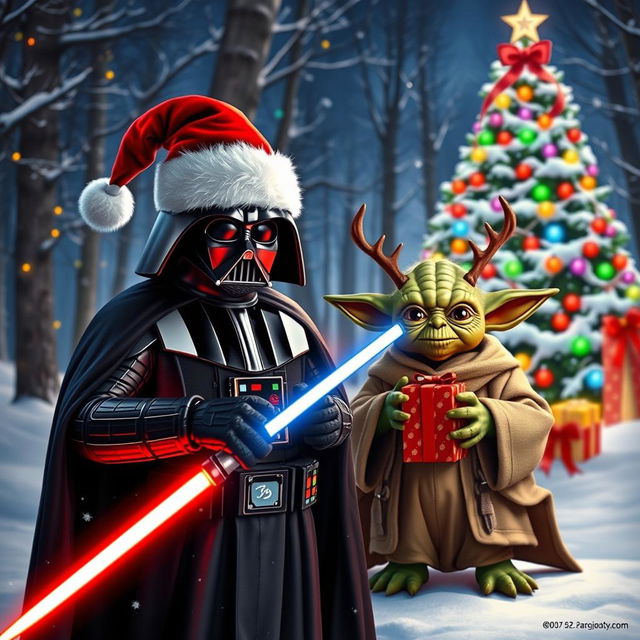 A Christmas scene featuring Darth Vader and Yoda in a festive setting