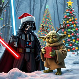 A Christmas scene featuring Darth Vader and Yoda in a festive setting