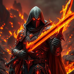 A fire knight clad in ornate armor, featuring glowing red and orange accents that resemble flames