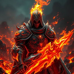 A fire knight clad in ornate armor, featuring glowing red and orange accents that resemble flames