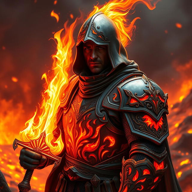 A fire knight clad in ornate armor, featuring glowing red and orange accents that resemble flames