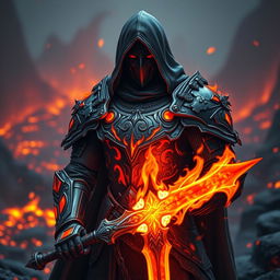A fire knight clad in ornate armor, featuring glowing red and orange accents that resemble flames