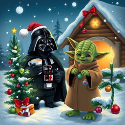 A whimsical Christmas scene featuring Darth Vader and Yoda celebrating the holiday season