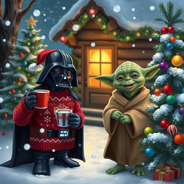 A whimsical Christmas scene featuring Darth Vader and Yoda celebrating the holiday season