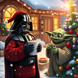 A whimsical Christmas scene featuring Darth Vader and Yoda celebrating the holiday season