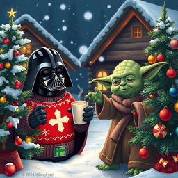 A whimsical Christmas scene featuring Darth Vader and Yoda celebrating the holiday season