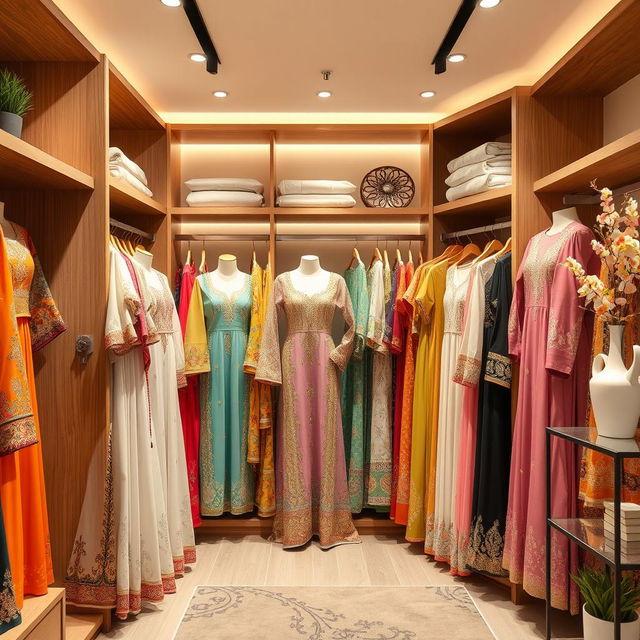 A spacious wardrobe filled with a variety of beautiful Pakistani women's dresses, showcasing traditional and contemporary styles, featuring intricate embroidery and vibrant colors