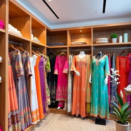 A spacious wardrobe filled with a variety of beautiful Pakistani women's dresses, showcasing traditional and contemporary styles, featuring intricate embroidery and vibrant colors