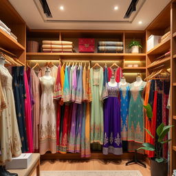 A spacious wardrobe filled with a variety of beautiful Pakistani women's dresses, showcasing traditional and contemporary styles, featuring intricate embroidery and vibrant colors