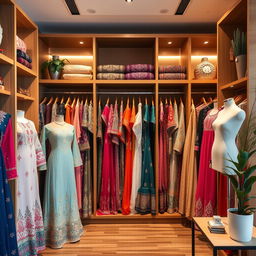 A spacious wardrobe filled with a variety of beautiful Pakistani women's dresses, showcasing traditional and contemporary styles, featuring intricate embroidery and vibrant colors
