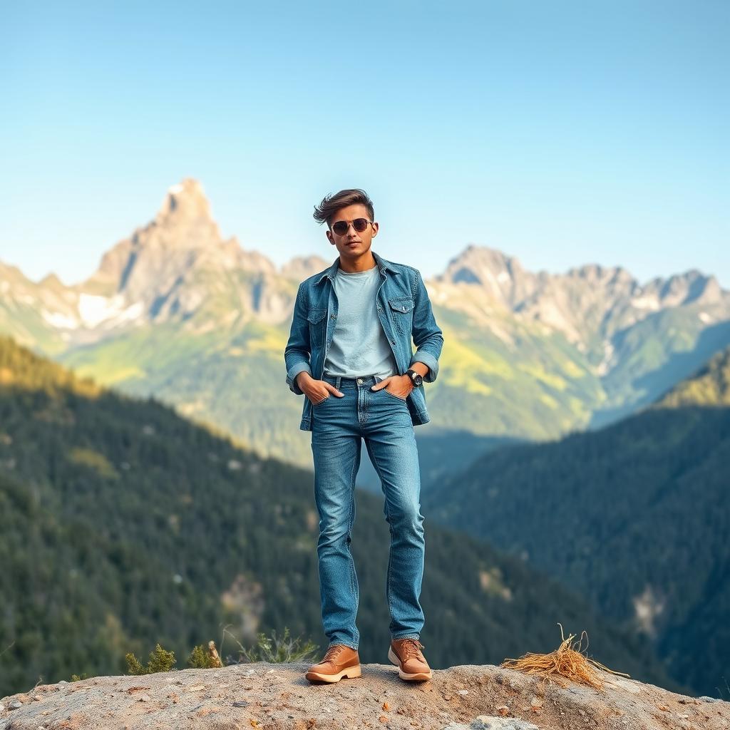 A fashionable person wearing full jeans pants, standing confidently in front of a stunning mountain backdrop