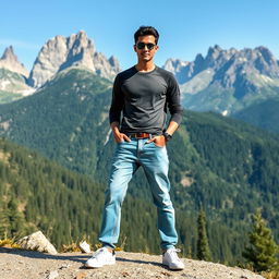 A fashionable person wearing full jeans pants, standing confidently in front of a stunning mountain backdrop