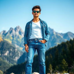 A fashionable person wearing full jeans pants, standing confidently in front of a stunning mountain backdrop