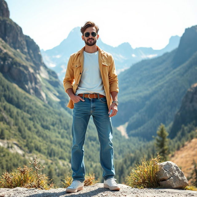 A fashionable person wearing full jeans pants, standing confidently in front of a stunning mountain backdrop