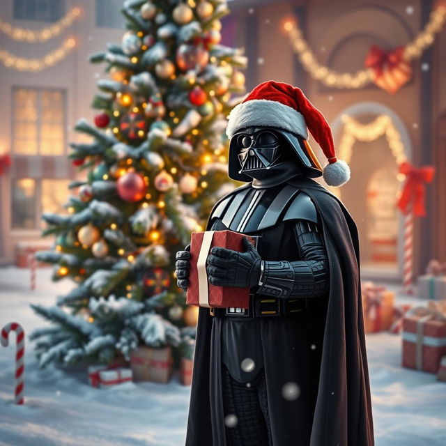 A festive Christmas scene featuring Darth Vader standing in front of a beautifully decorated Christmas tree