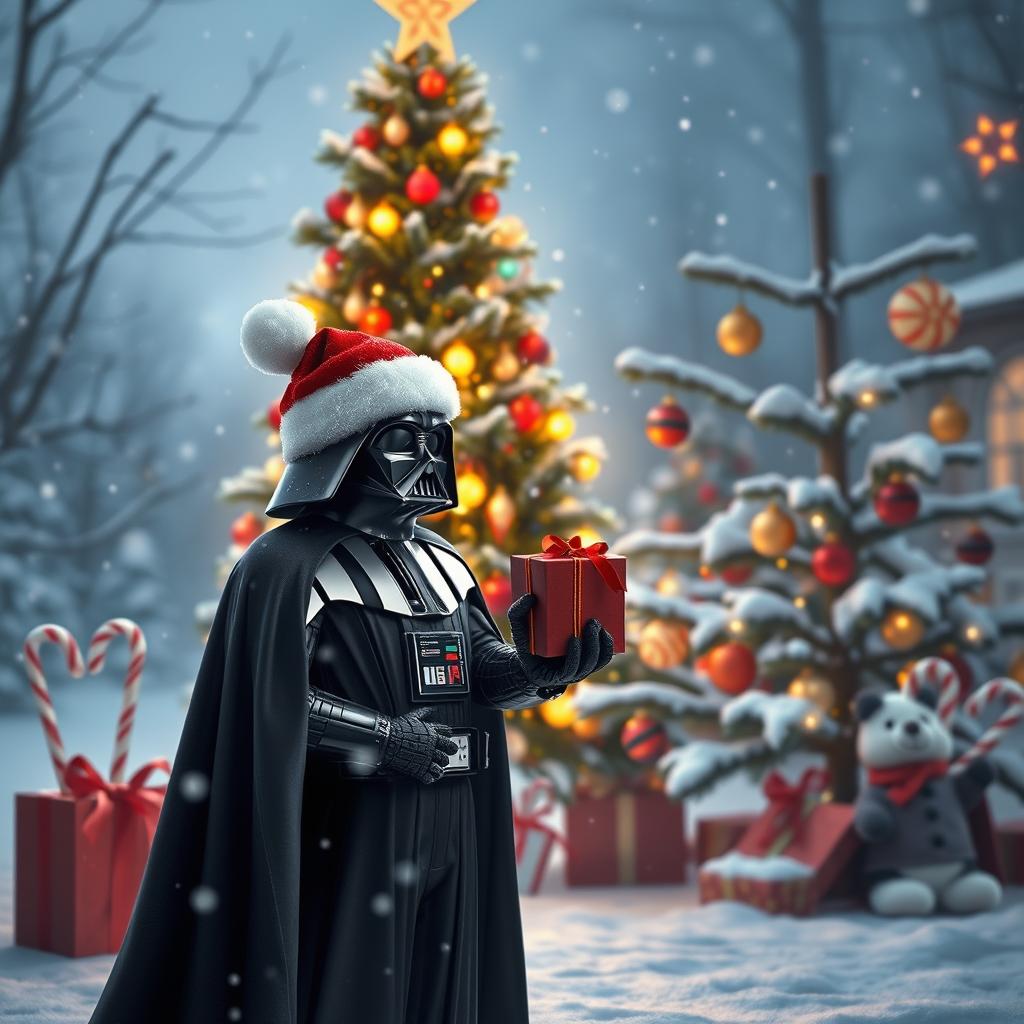 A festive Christmas scene featuring Darth Vader standing in front of a beautifully decorated Christmas tree