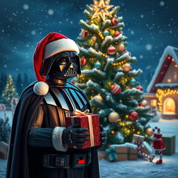 A festive Christmas scene featuring Darth Vader standing in front of a beautifully decorated Christmas tree