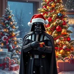 A festive Christmas scene featuring Darth Vader standing in front of a beautifully decorated Christmas tree